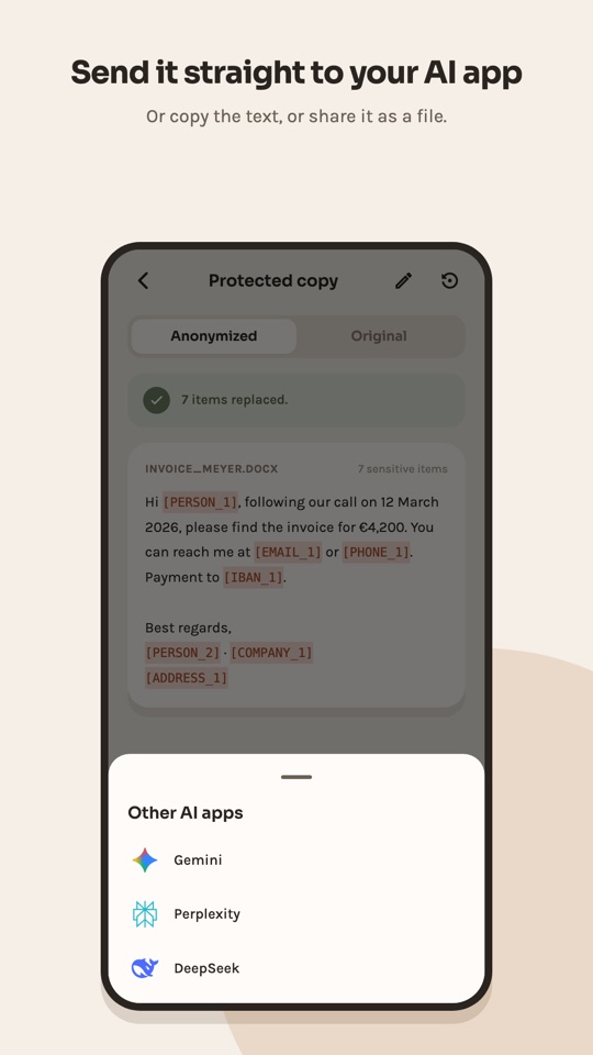 Sheet listing AI apps to send the protected copy to